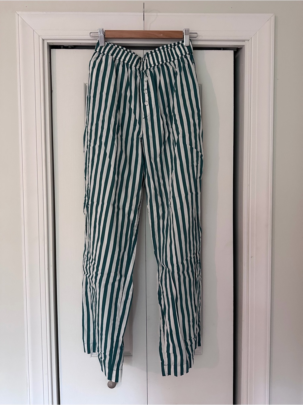 Striped Green and White Button-Front Lounge Pants